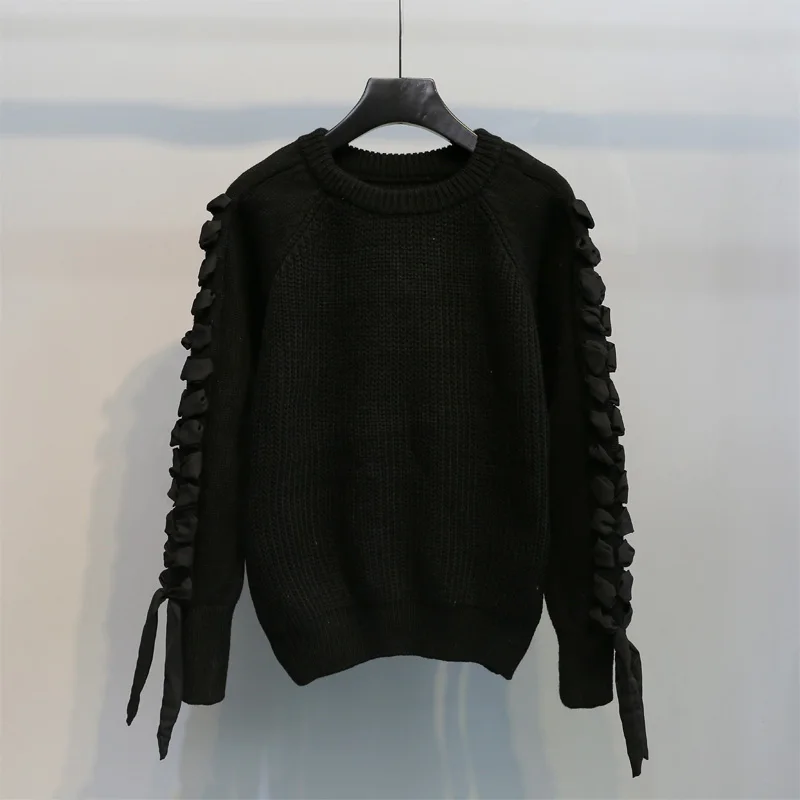 Rlyaeiz Fashion Thicken Sweater Women 2018 Autumn Winter Knitted Pullover Sweaters Lace Up Bow O-neck Long Sleeve Knitwear | Женская