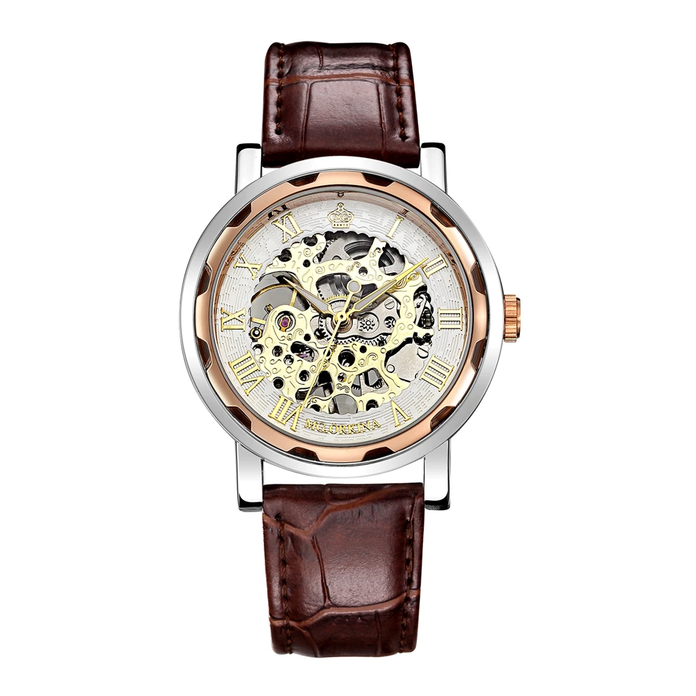 Мужские наручные часы с кожаным ремешком роскошные золотые механические в стиле