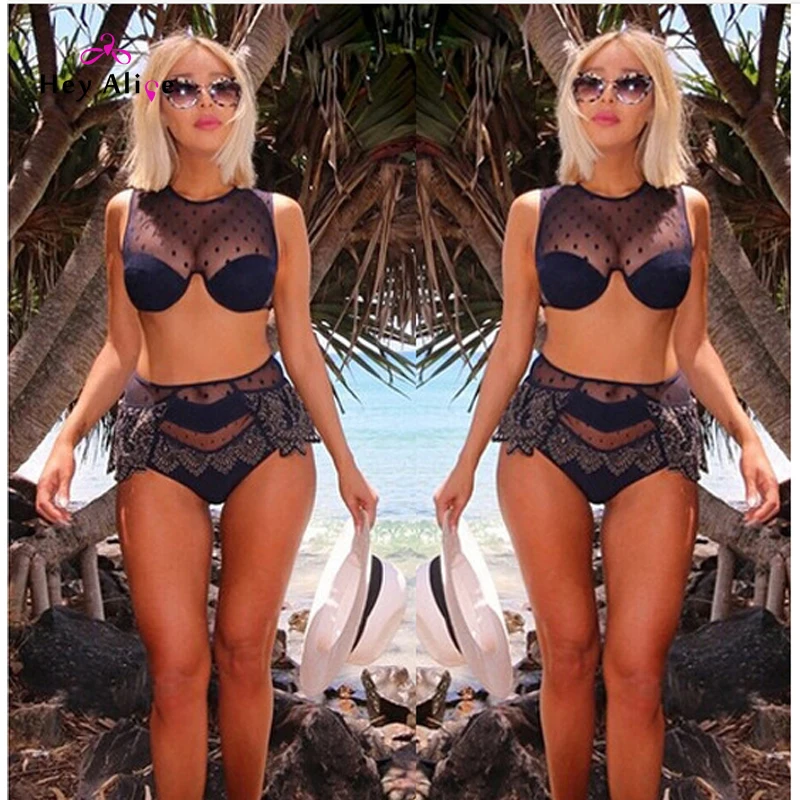 Heyelice Sexy Bikini 2016 New Lace Women Bathing Suit High Neck Hollow Swimwear Beach Swimsuit Waist Brazilian Biquini |