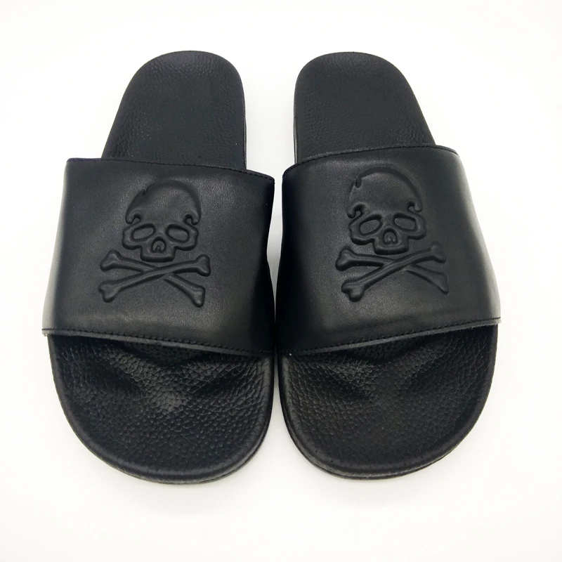 

Men's Summer Beach Couple Cowhide Slippers Male Designer Black Skull Slippers Men Slides Casual Indoor Home Shoes Flip Flops Hot