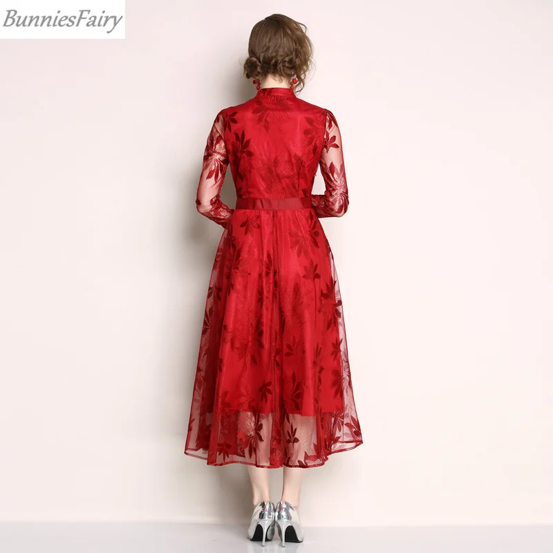 BunniesFairy Autumn New Celebrity-inspired Women Elegant Long Floral Lace Dress Bow Neckline with Ribbon Party Wear Red Blue | Женская