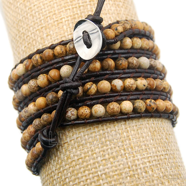 5 Wrap Natural Picture Jaspe-r Hot Colorful Men's Women's Handmade 4mm Gem stones Beads Leather Bracelet Wholesale 3PCS/Lot |