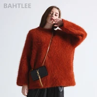 bahtlee autumn winter womens angora knitted pullovers sweater o neck mink cashmere butterfly sleeves very thick keep warm loose
