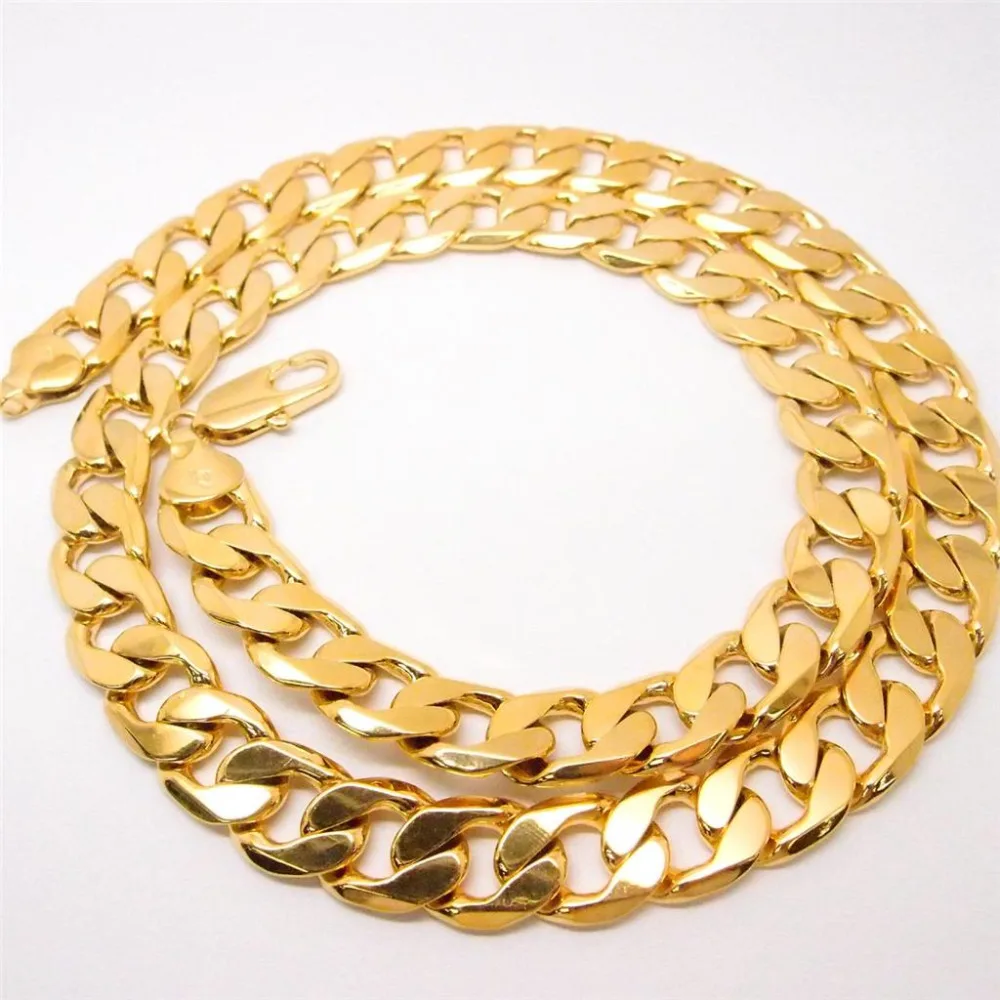 

24" 12mm 24 k yellow Solid gold FINISH men's necklace curb chain jewelry (STAMPED)