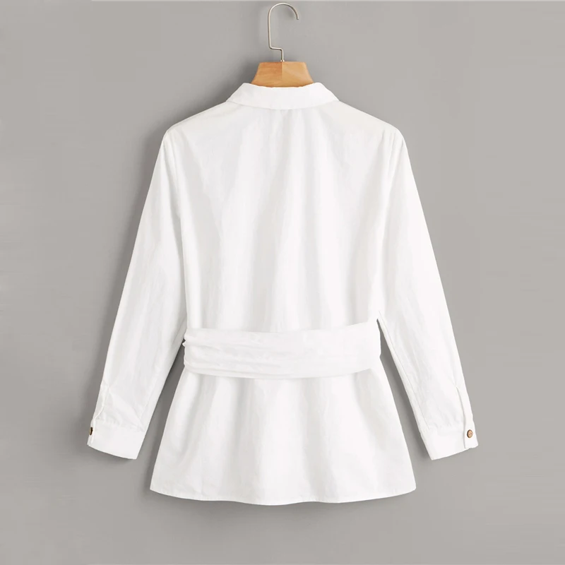 SHEIN Button Front Belted Blouse White Solid Long Sleeve Blouse Casual Women Clothes Spring Autumn Blouses