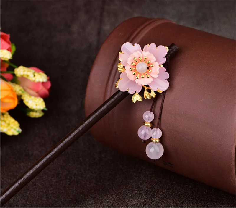 Yanting Romantic Pink Flower Hair Stick Wood Hair Accessories For Women Sweet Hairpins Head Jewelry Gift For Girls Women 0145