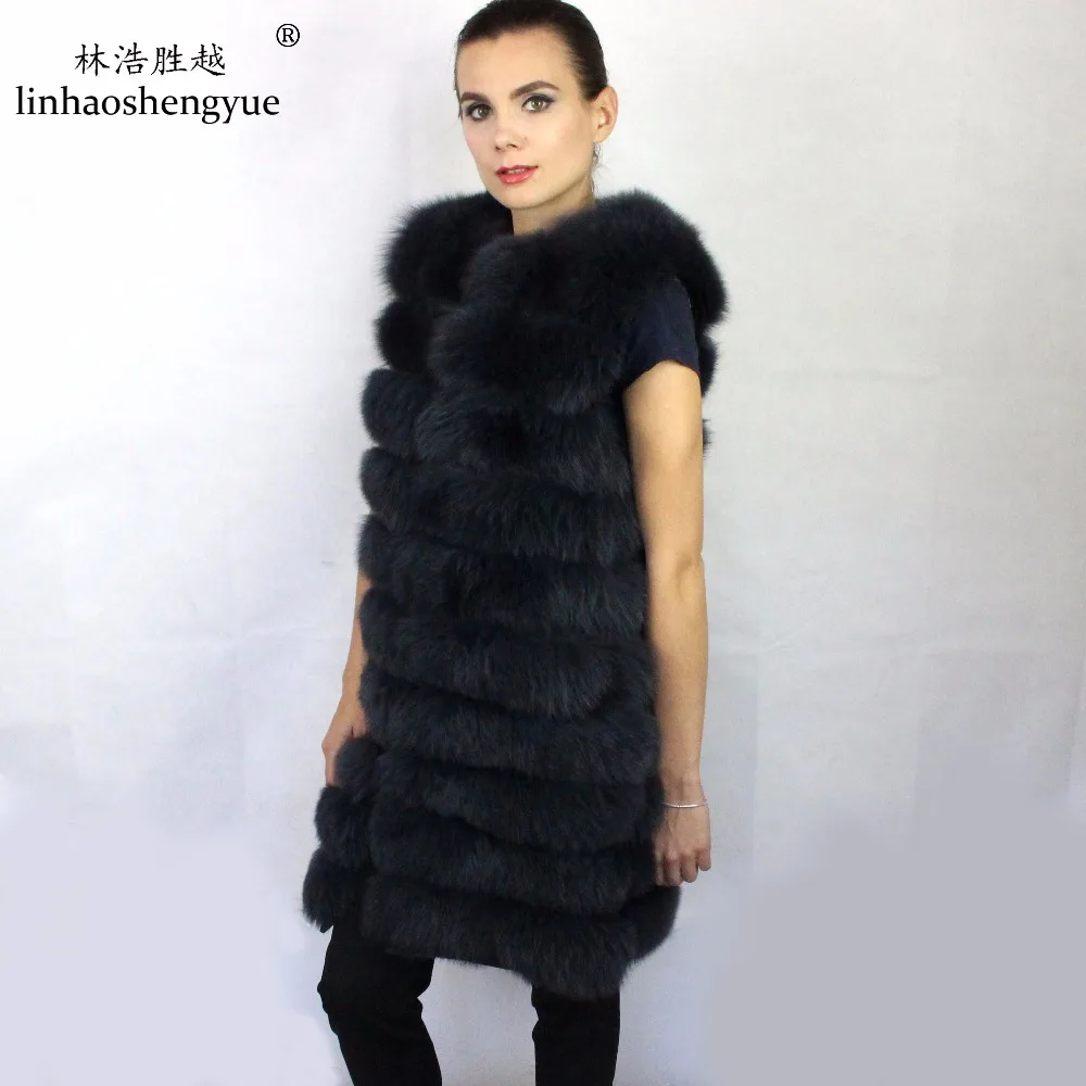 Linhaoshengyue 2017 HOT Selling 100% Fox Fur Women Coat with Leather Sleeves Warm Fashion  Detachable Sleeves