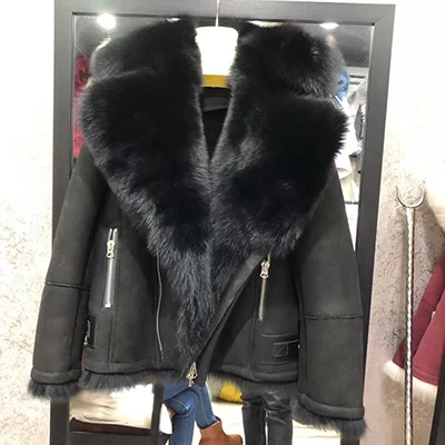 black Зимнее женское пальто из натурального меха лисы с воротником из овечьего меха, мотоциклетная кожаная куртка размера плюс, толстое теплое пальто, новая мода - Цвет: black