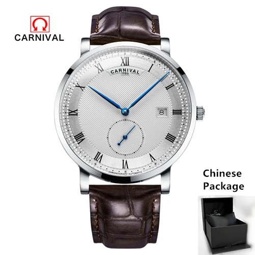 Silver C8019C Карнавальные часы для мужчин, швейцарский роскошный бренд, Reloj Hombre, кожаный ремешок, механические часы, часы, водонепроницаемые, с календарем, наручные часы - Цвет: Silver C8019C