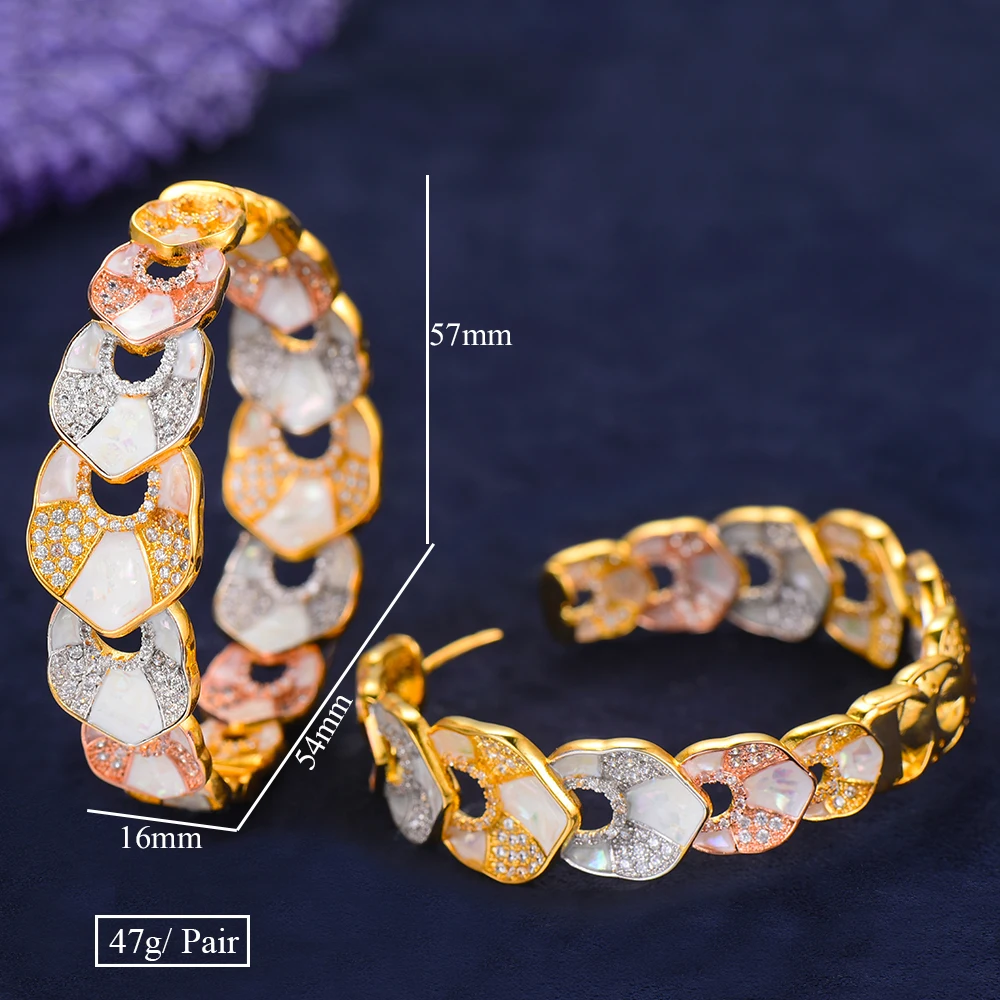 

SISCATHY Charms Abalone Shell Cubic Zirconia Statement Big Hoop Earrings For Women Round Circle Wedding DUBAI Bridal Earrinngs