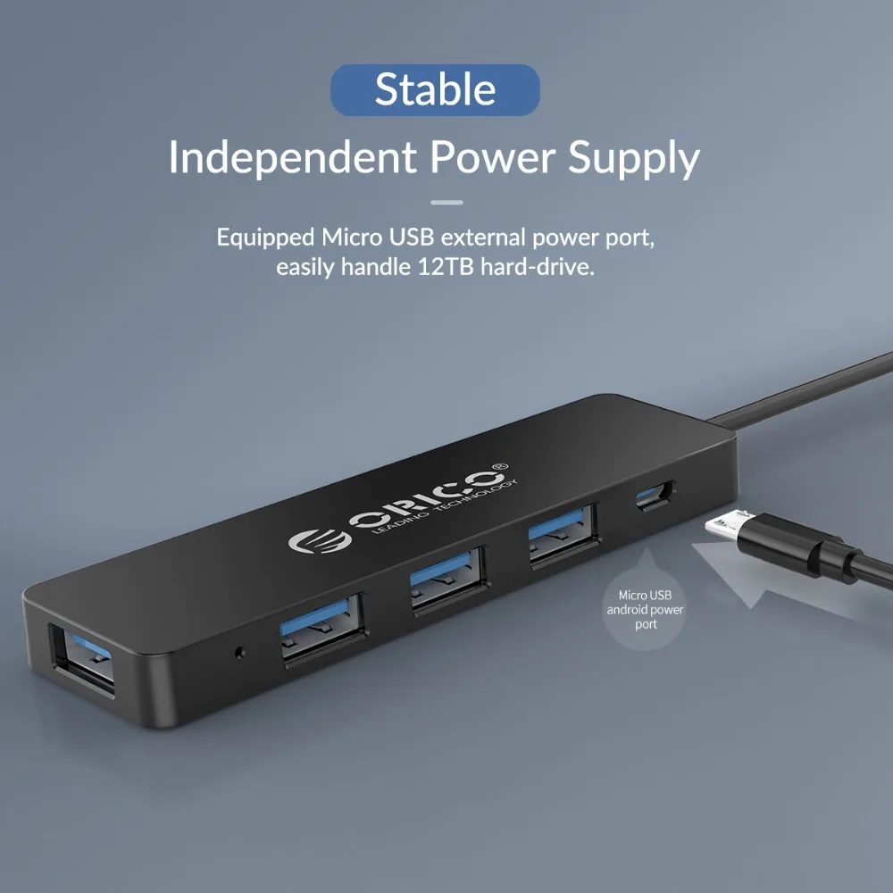 ORICO USB3.0 концентратор с интерфейсом питания мульти 4 порта USB разветвитель OTG адаптер Поддержка 5 Гбит/с 12 ТБ HDD для ПК компьютер Ноутбук