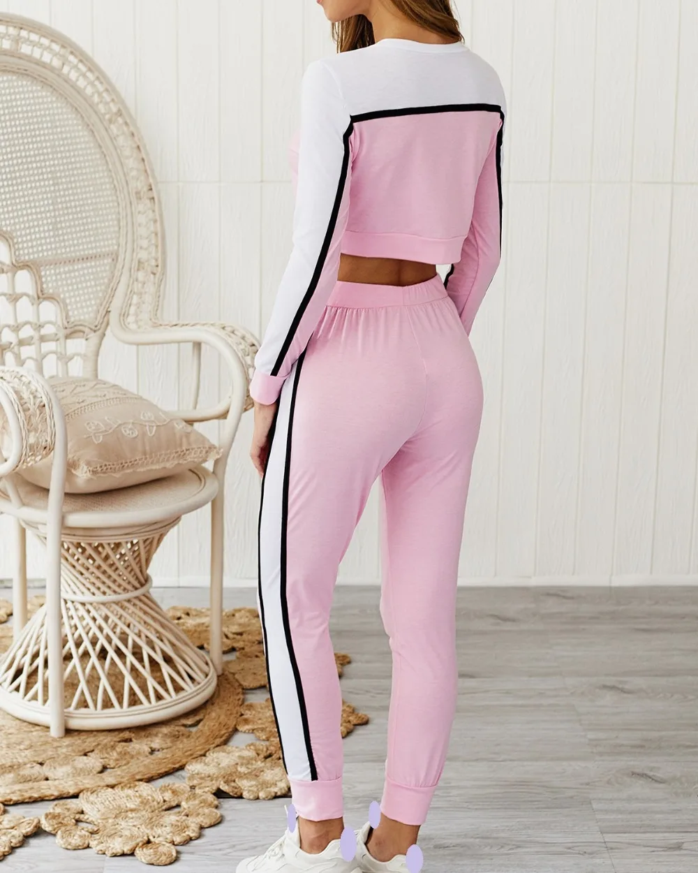 Женский полосатый лоскутный укороченный Топ с длинным рукавом и круглым вырезом и штаны комплект из 2 предметов для женщин осень комплект из двух предметов