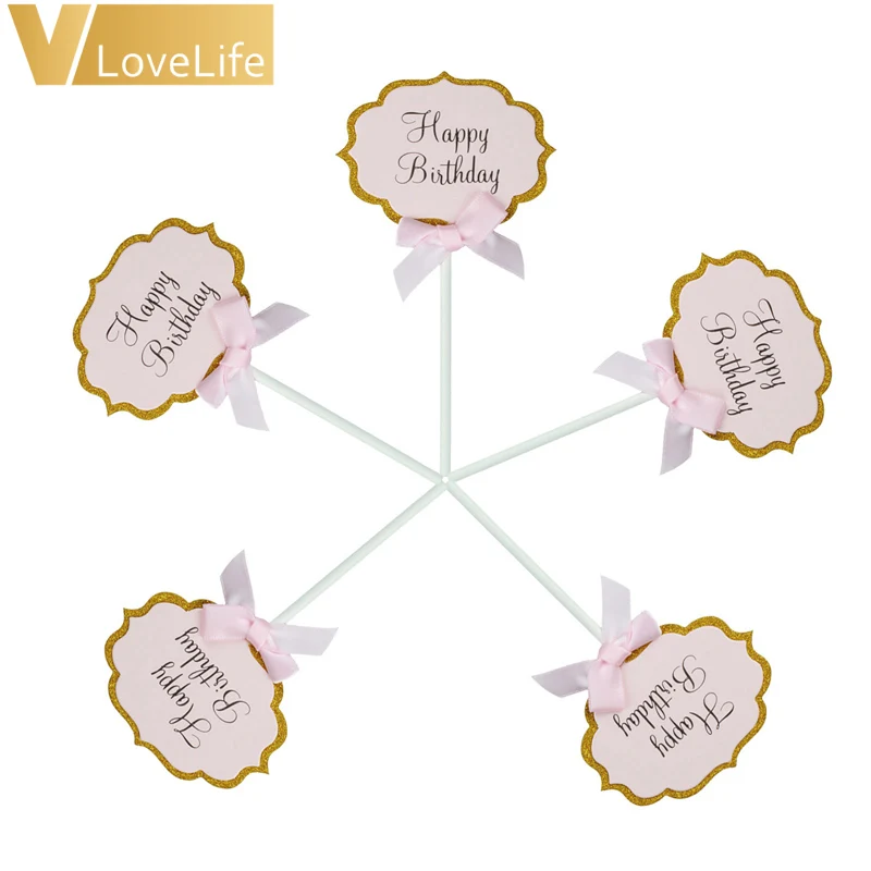 5 шт. торт Кекс Топпер письмо с днем рождения синий розовый бант ленты Детские