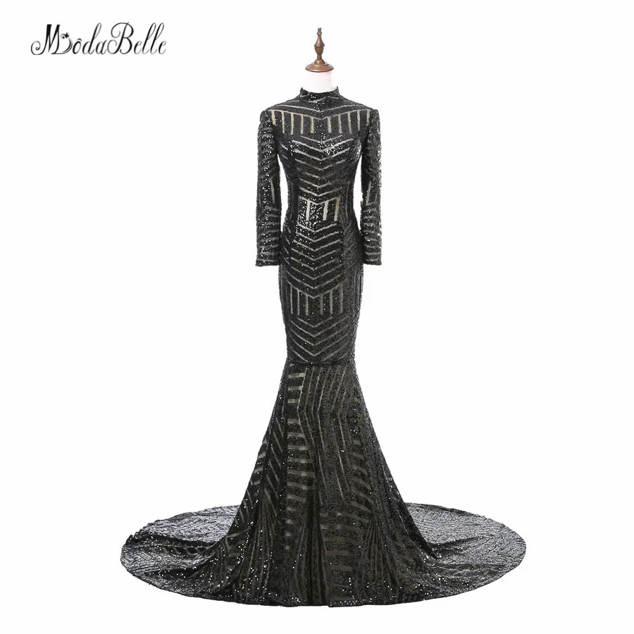 

Luxury Black Womens Evening Dresses 2017 Vestido Noite Long Sleeve High Neck Mermaid Sequins Formal Party Dresses Evening Gowns