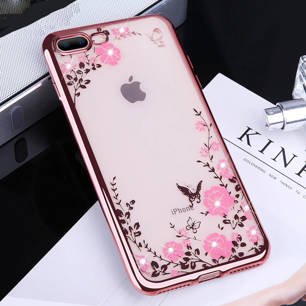 Мягкий силиконовый чехол из ТПУ с цветочным узором для iPhone 6 6s 7 8 Plus X Xs блестящие
