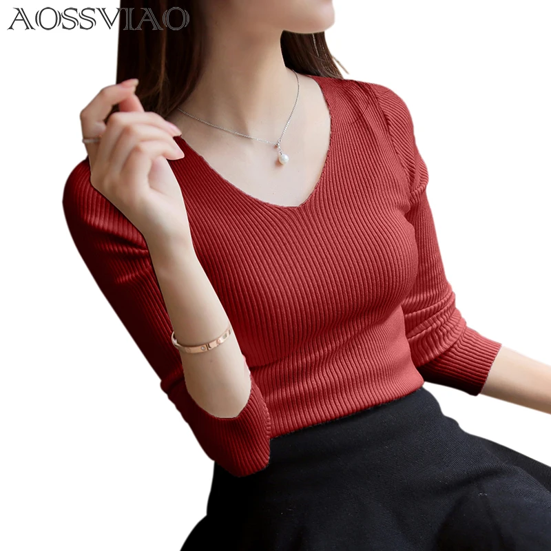 Женский свитер AOSSVIAO черный с длинным рукавом и треугольным вырезом для осени