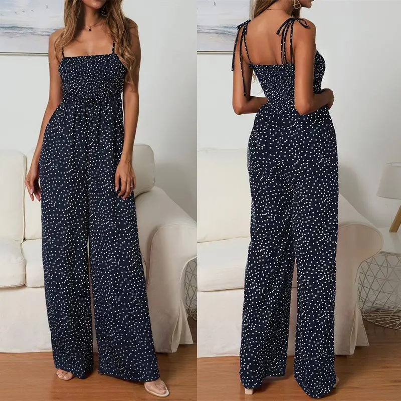 Женский комбинезон в горошек, с высокой талией, Boho, желтый, с бретельками, топ, широкие штаны для женщин, лето, одежда для девушек