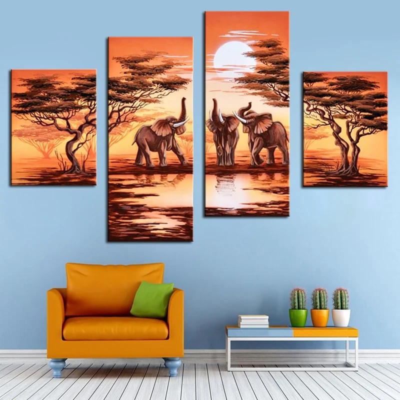4 Panel Hand Painted Canvas Oil Painting African Safari Modern Landscape Elephant Forest Scenery Wall Pictures No Frame | Дом и сад