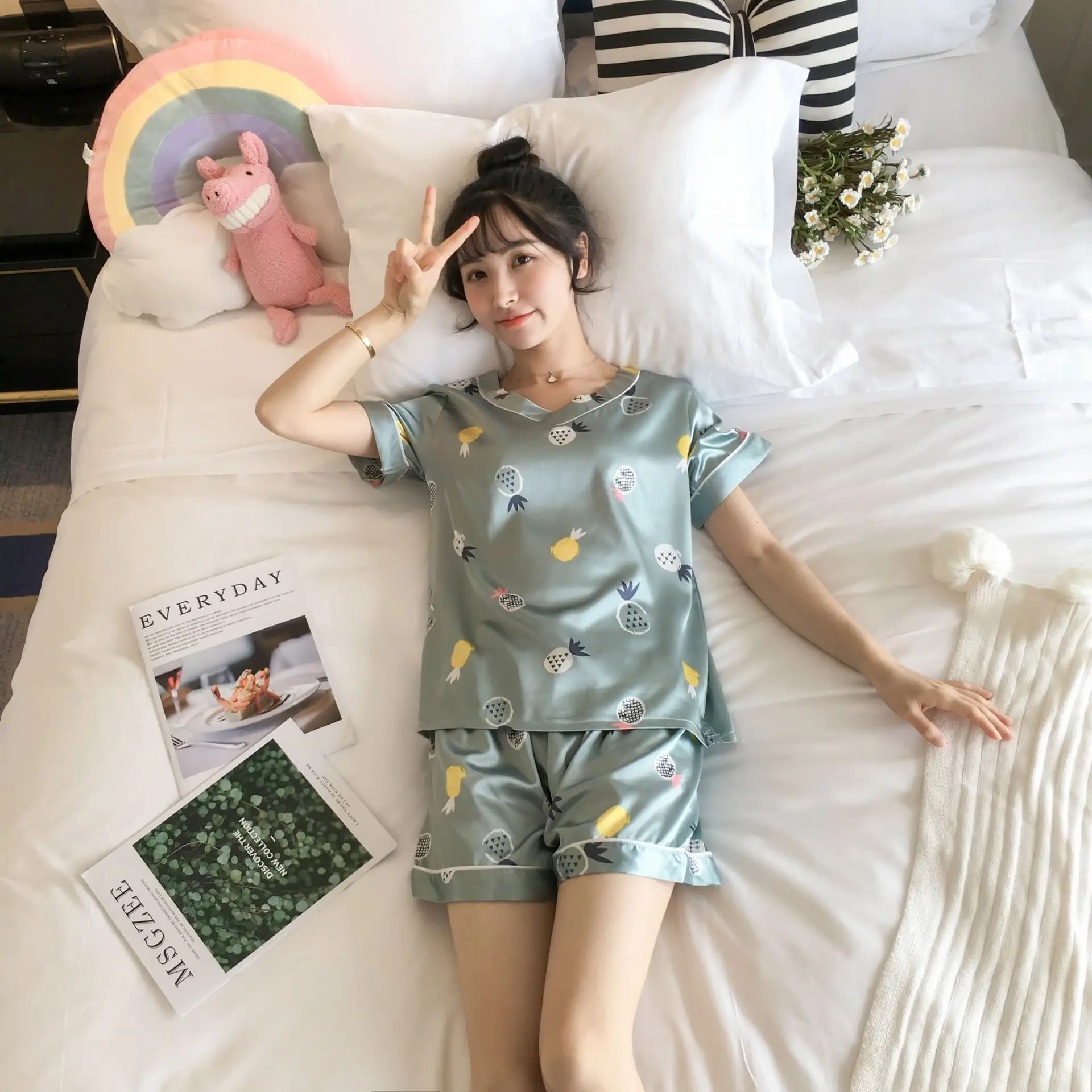 T Pajama girls summer ice silk short sleeves two pieces of suit Korean fresh sweet lovely students thin silk home clothes - Цвет: T
