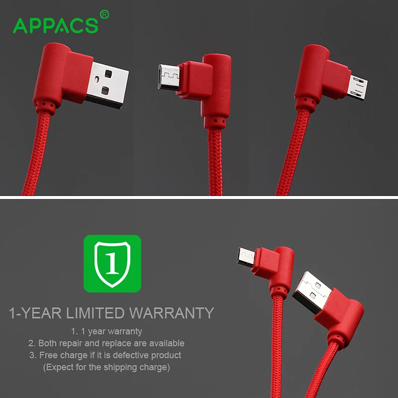 

APPACS Micro USB Cable 5V 2.1A Alloy TPE 90 Degree USB cable for Samsung/Xiaomi/Meizu/Huawei/HTC Android 2.1A 1m 2m Fast Charge