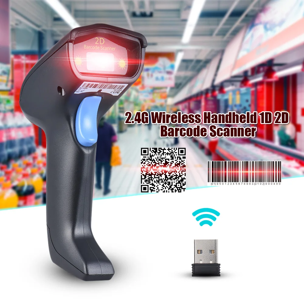 

Беспроводной ручной сканер штрих-кода 1D 2D QR 2,4 ГГц с приемником и кабелем USB2.0 для супермаркета