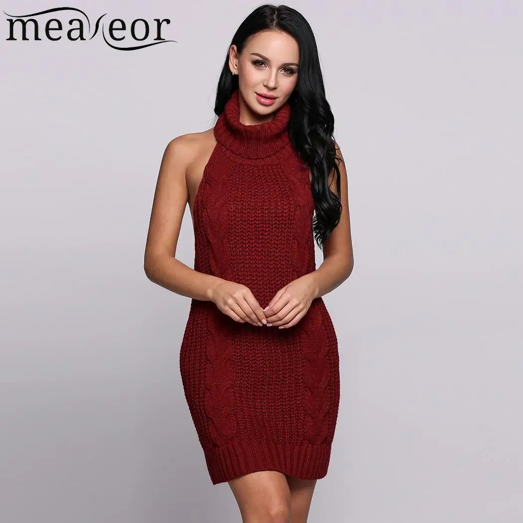 Спинки воротник Вязание рукавов Холтер пикантные однотонные выходить платье |