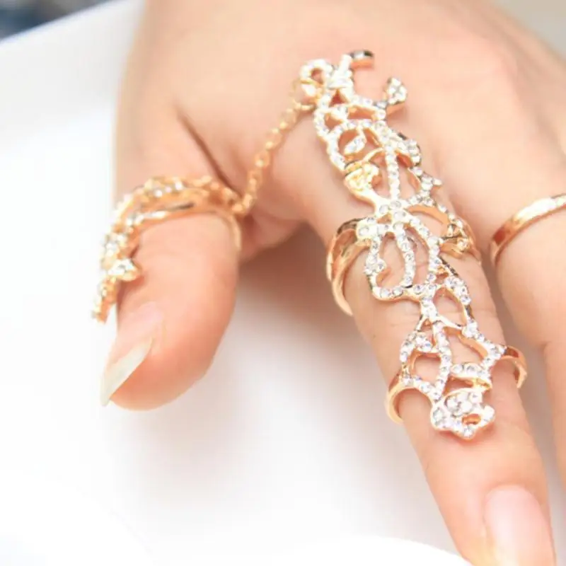 New Fashion Chain Link Ring Full Rhinestone Vintage Flower Double Finger Rings For Women Girl Party Jewelry Gift Accessories | Украшения и