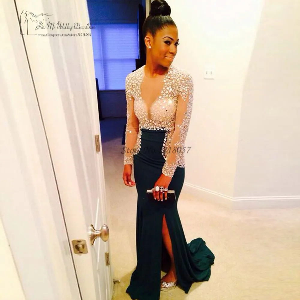 

Sexy Backless Green Long Sleeve Evening Dress Crystals See Through Mermaid Prom Dresses Formal Gowns Vestidos de Festa Longo