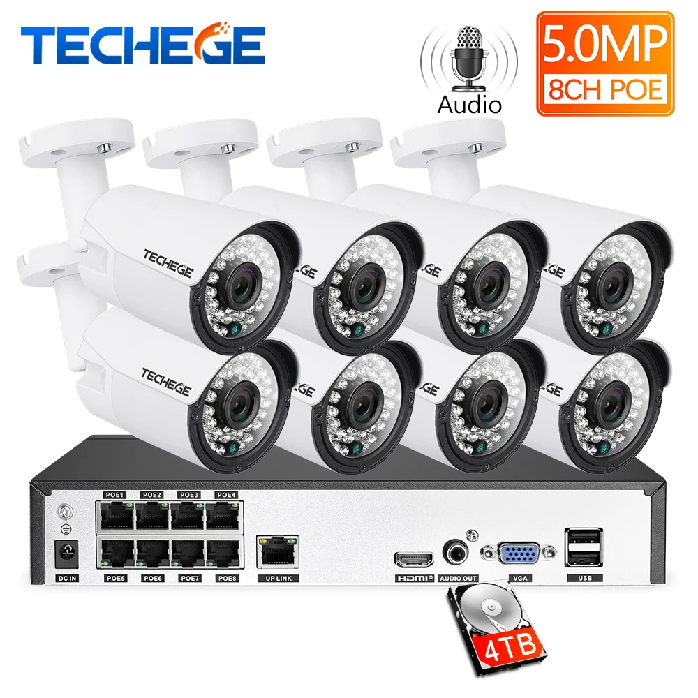 Techege 8CH супер HD 5MP аудио система наблюдения 2592*1944 Водонепроницаемая наружная IP