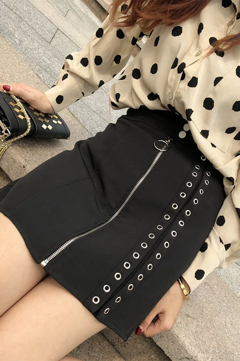 Женская юбка с заклепками и пуговицами на молнии модная трапециевидная