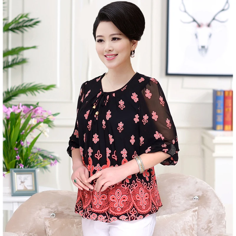 Летние футболки женские 2018 модные рубашки с принтом среднего возраста свободные