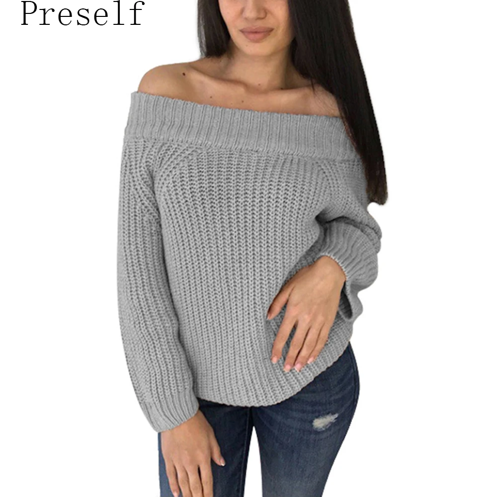 Prself New Sexy Off Shoulder Sweater Women Jumper 2018 Autumn Winter Knitted Long Sleeve Loose Thick Casual | Женская одежда