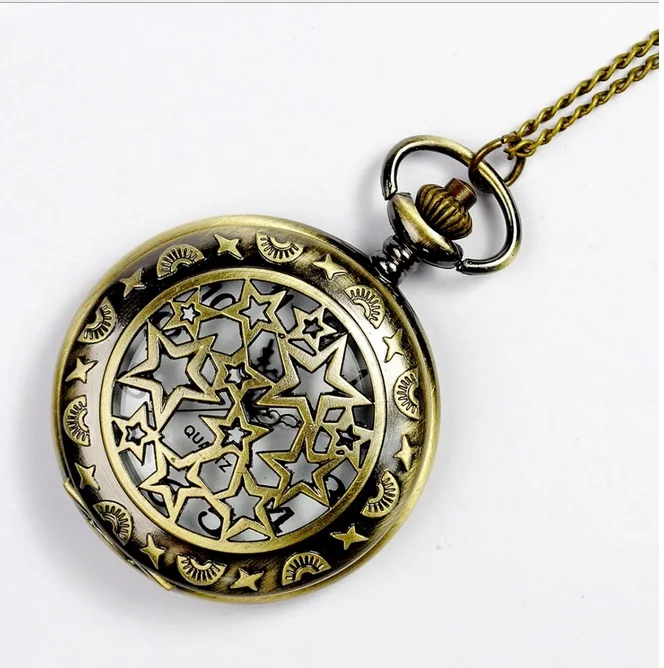 

Small POCKET WATCH Woman HOLLOWED STARS Constellation flowers Rim Bronze Necklace Watch Vintge Jewelry Women