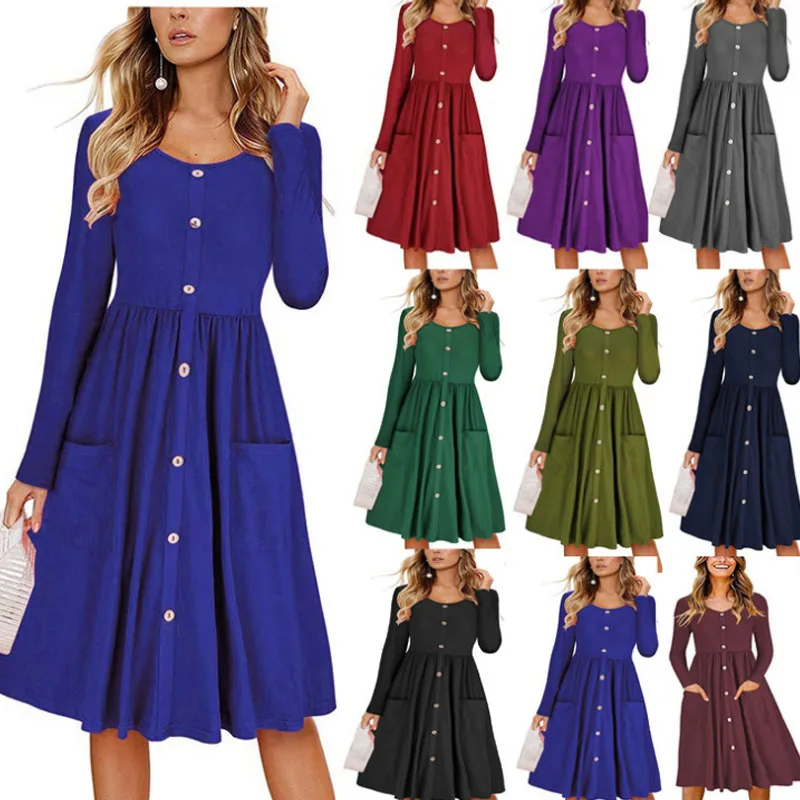 Большие размеры 3XL женское платье-рубашка до колена длинный рукав круглый вырез