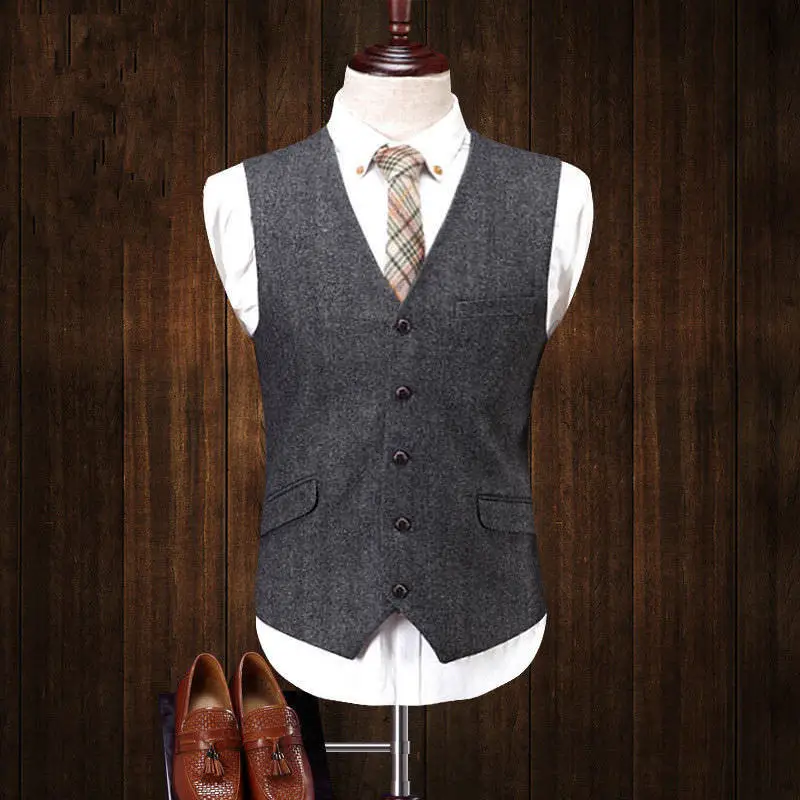 

2018 Men's Vintage Suit 3 Pieces Tweed Fleck 2 Button Wool Dark Gray Custom