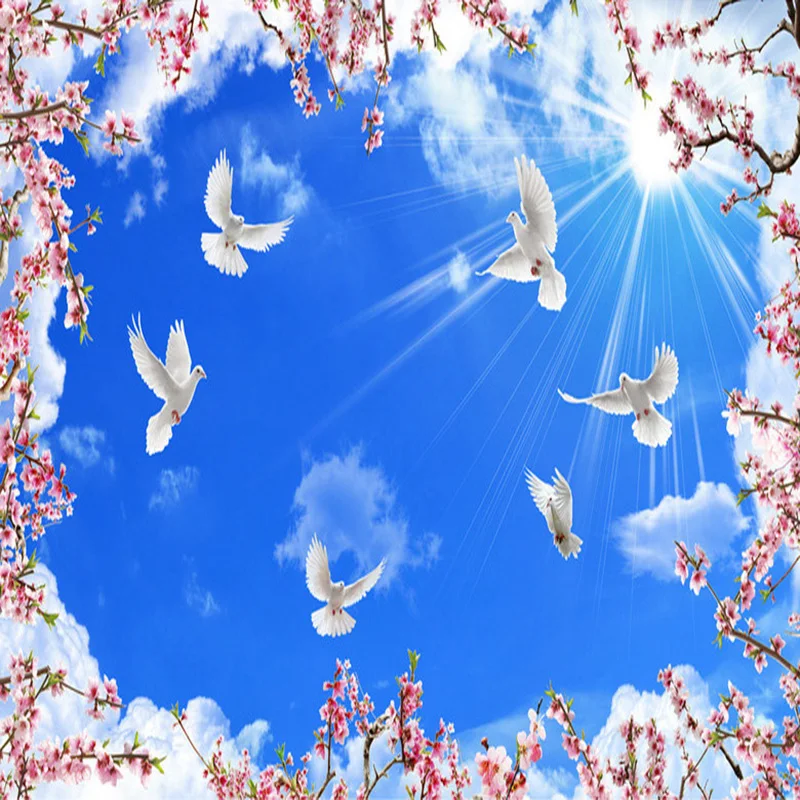 Пользовательские фото обои потолок 3D голубое небо белые облака цветок ветви