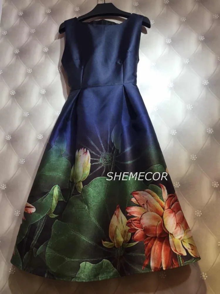 SHEMECOR, осень, новое женское платье Mori Girl, свежий стиль, цветок лотоса, цветочный принт, высокая талия, ТРАПЕЦИЕВИДНОЕ платье без рукавов, голубое, розовое, размера плюс