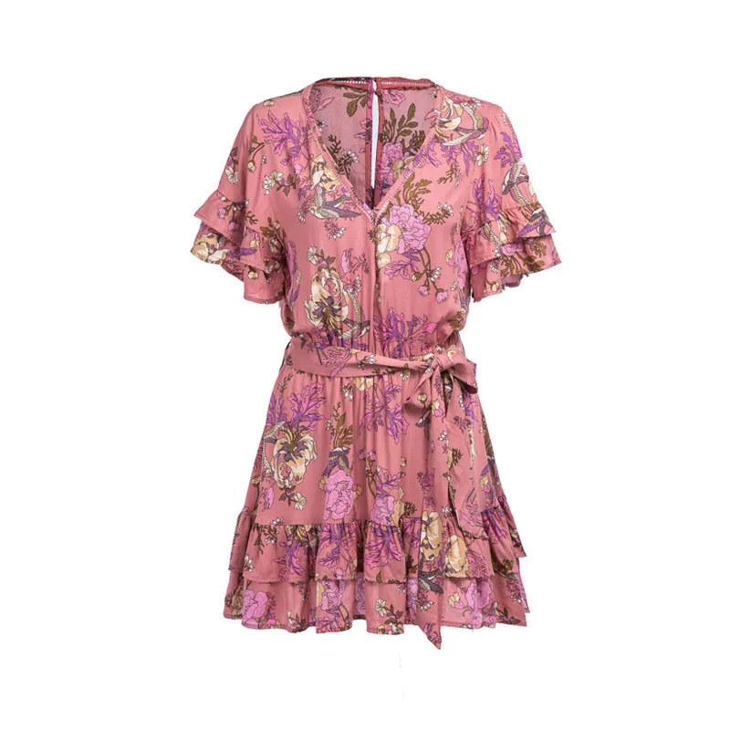 Богемный печатных Lotus Лист Кружева v образным вырезом платье с короткими рукавами