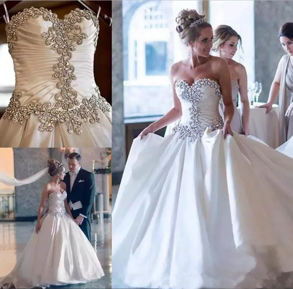 

Graceful Spring Summer Crystals Beaded Satin Wedding Dress Sweetheart Ruffles A Line Bridal Gowns Wedding Vestidos de novia
