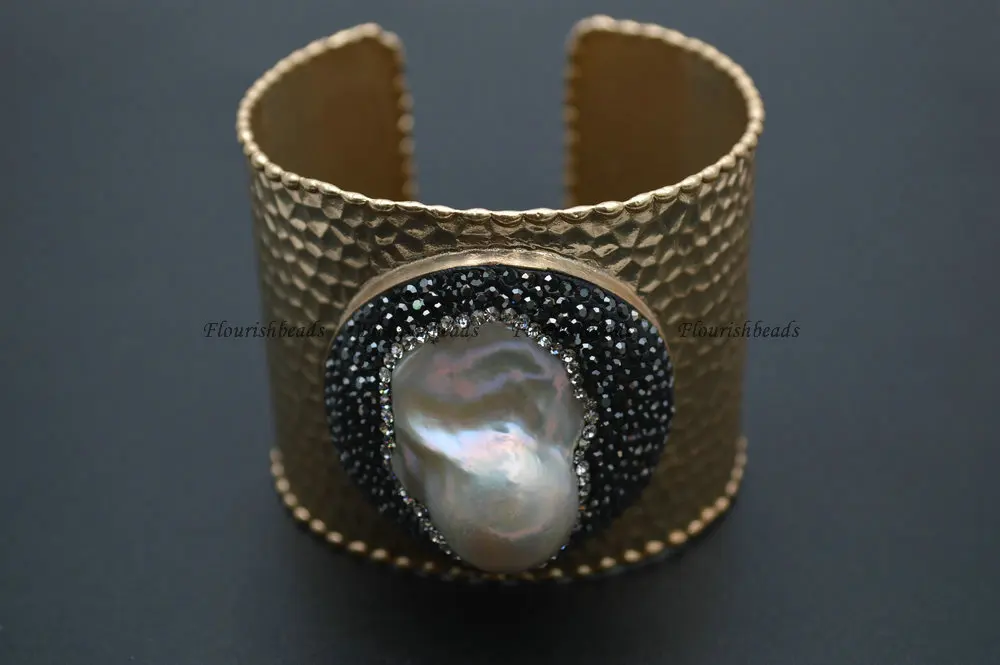Gold Color Fashion Woman Cuff Bangle Lady Style Paved Crystal and Baroque Pearl Beads on Surface Party Bracelet | Украшения и