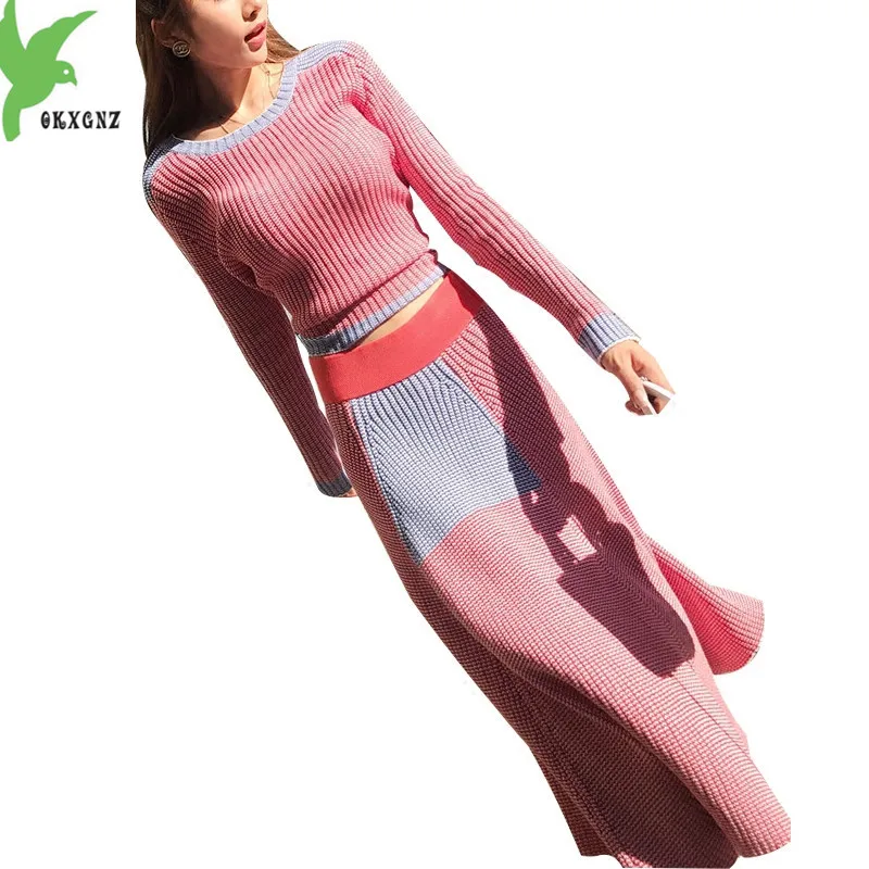 New Women Autumn Winter Knit Sweater Two-Piece Suit Thick Pullover Sweater + Elastic Waist Big Swing Long Skirt Sets OKXGNZ 1335