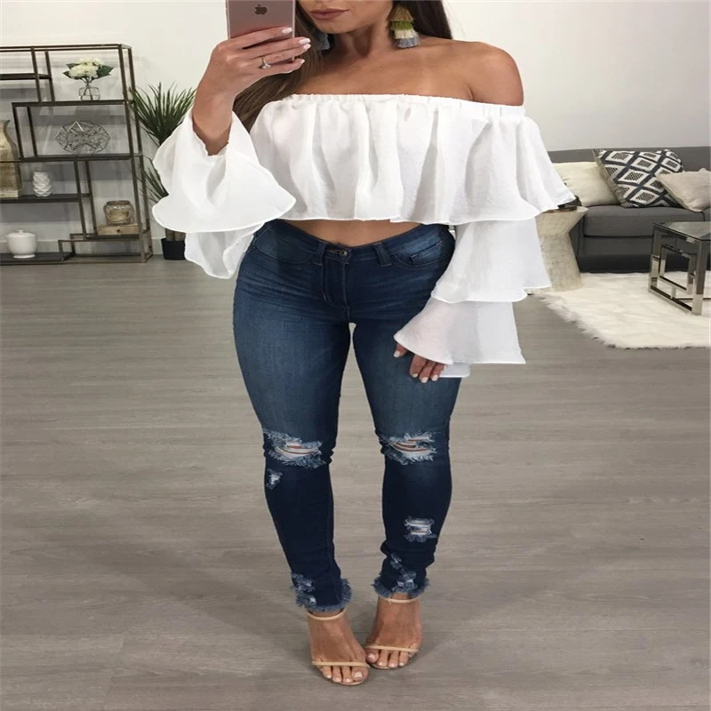 2017 Женская Сексуальная Блузка с открытыми плечами модная блузка рукавами рюшами