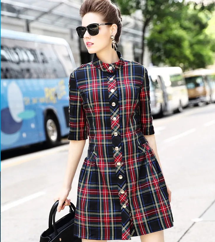 2016 Осенняя модная клетчатая плиссированная приталенная рубашка с воротником