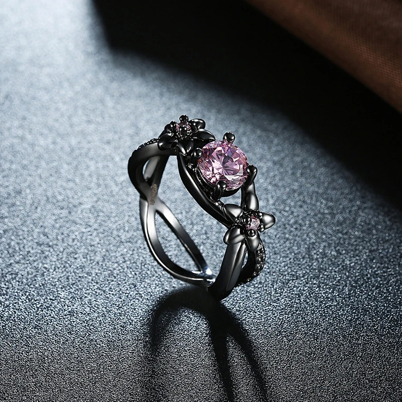 Original Hollow Out Flower Shape Black Gold Color Women Rings Fashion Party Jewelry Accessory Pink CZ Crystal | Украшения и
