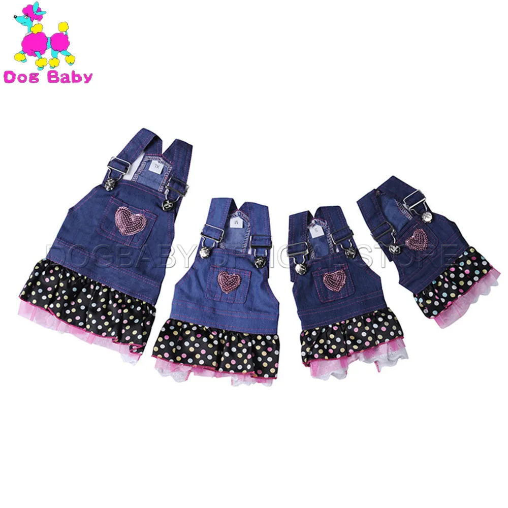 

DOGBABY Dog Dress Solid Jean Material Pet Skirt Spring Summer Dog Clothes Heart Pattern Cat Dresses Blue Color Strap Dogs Skirt