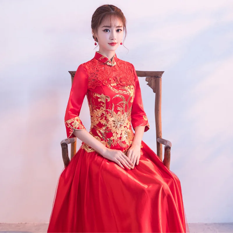 Традиционное Восточное женское платье Qipao красное элегантное кружевное длинное платье Чонсам с вышивкой в цветочек китайское свадебное платье невесты XS-3XL