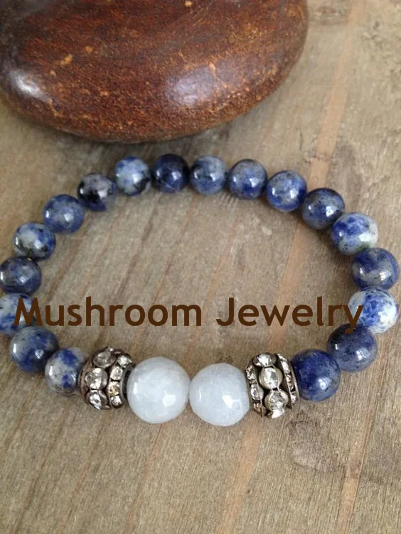 Blue-Veined Stone Bead Stretch Bracelet Healing Women Gift