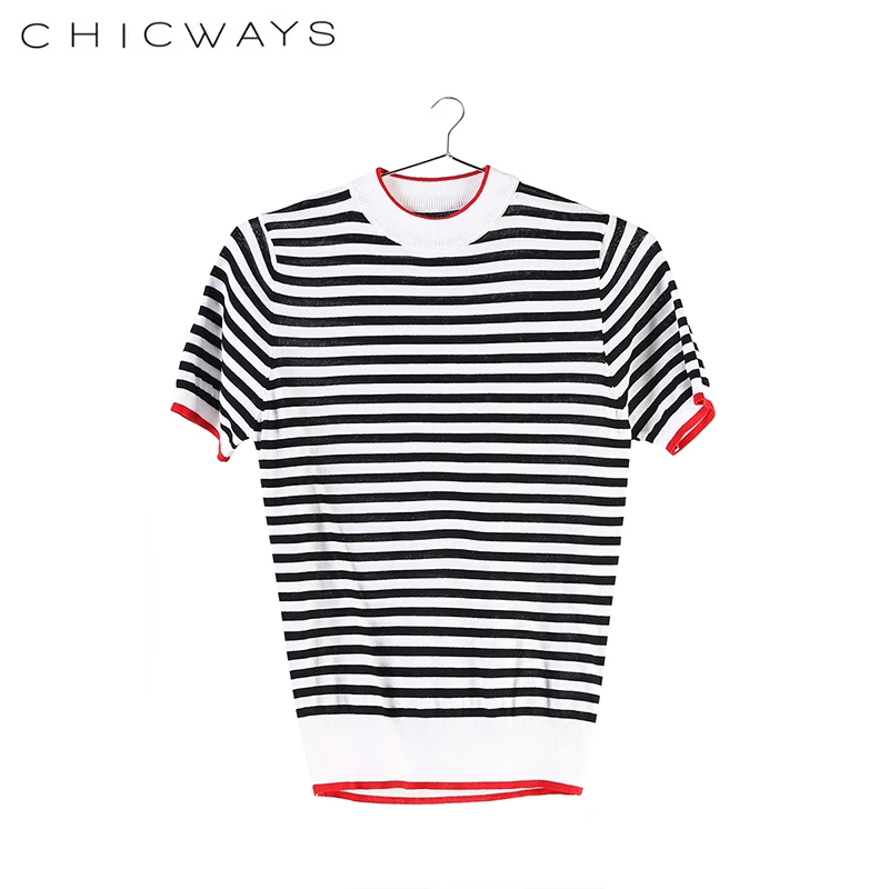 Chicways Цвет в полоску Хлопковый вязаный короткий рукав Топ Для женщин топ 90 s
