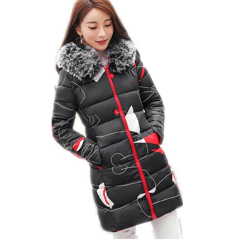 

New Arrival Winter Women Down Cotton Jacket 2018 Fashion Print Female Medium-Long Parkas Hooded Fur Collar Thicken Warm CoatQ488