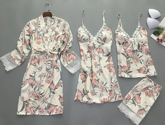 

Fdfklak 4 Pieces set women pajamas spring summer pyjamas suit sexy women's sleepwear casual home clothes new pijama mujer